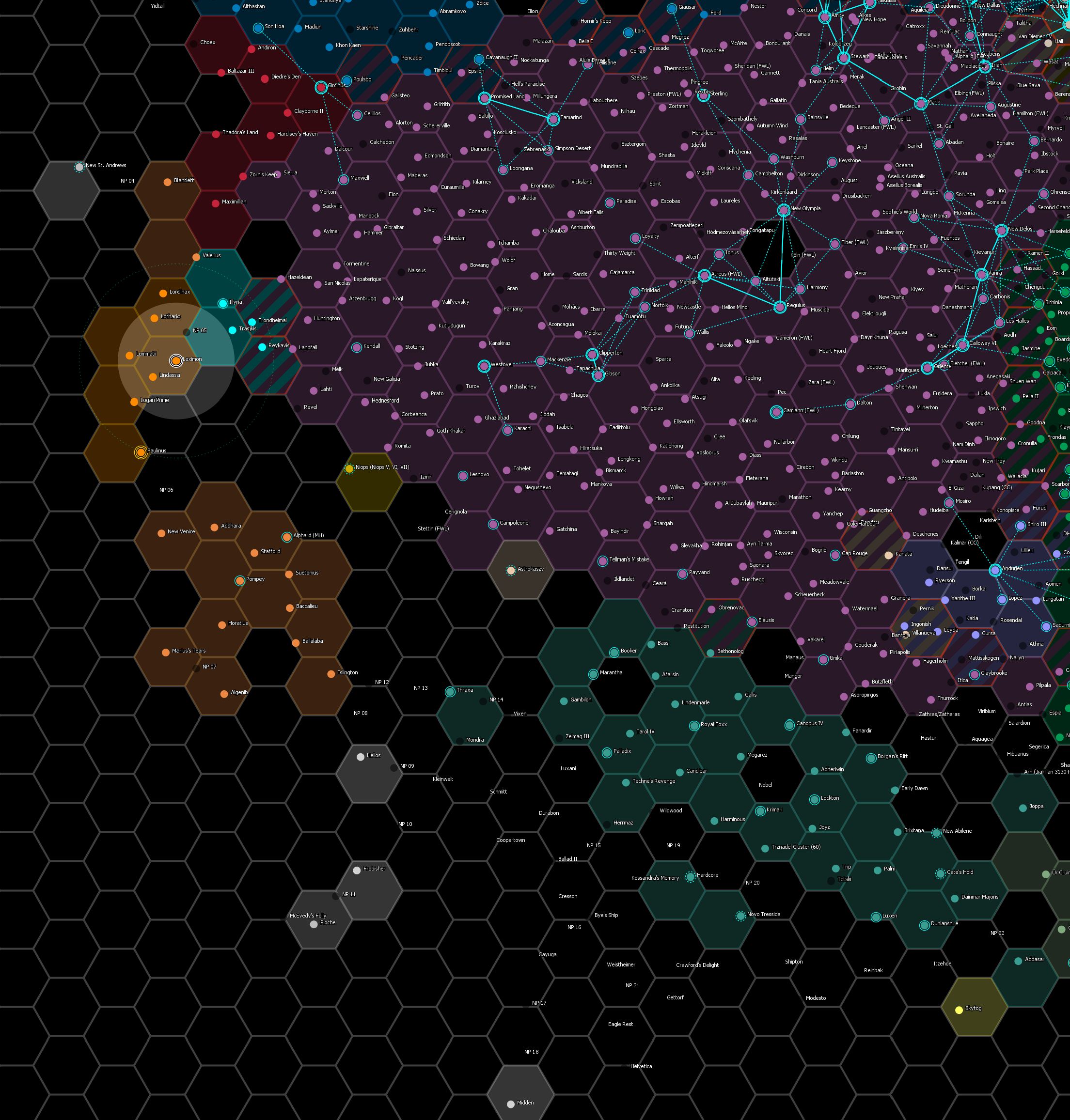 A map of the Free Worlds League section of the Battletch Inner Sphere